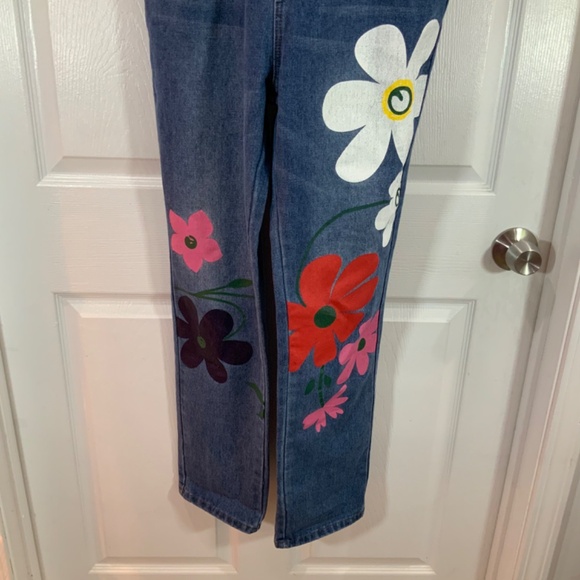 Miss Look Painted Flowers Denim Boho Overalls Size Medium - Picture 4 of 14